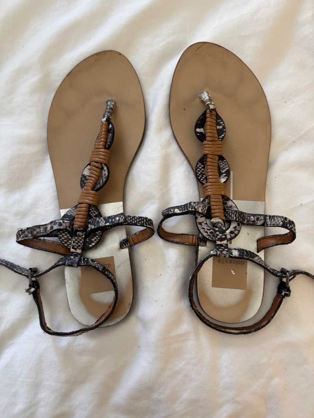 Dolce Vita Brown and Snake-Print T-Strap Sandals